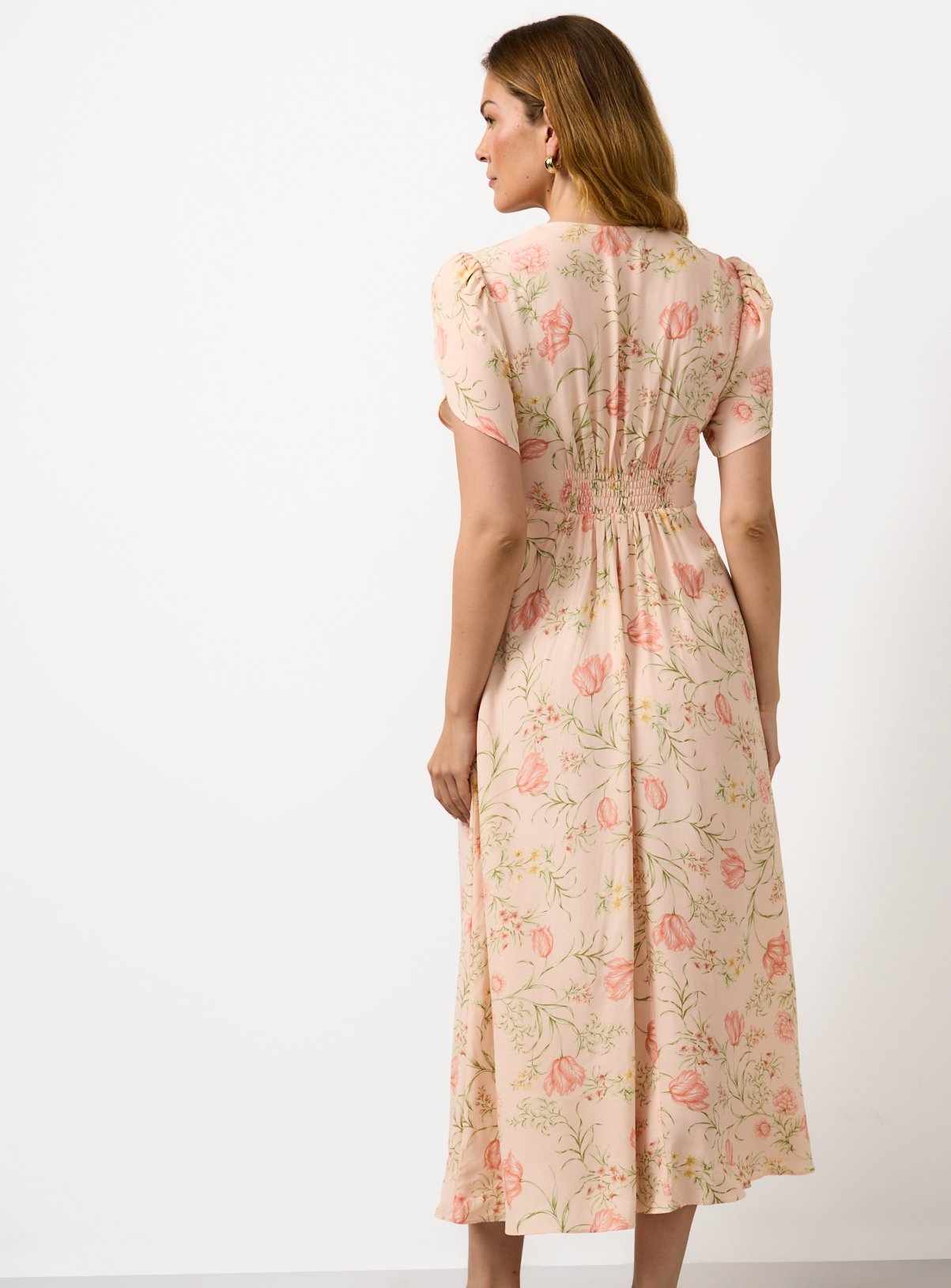 Peach Floral Tulip Sleeve Midi Dress 14 - Image 4 thumbnail